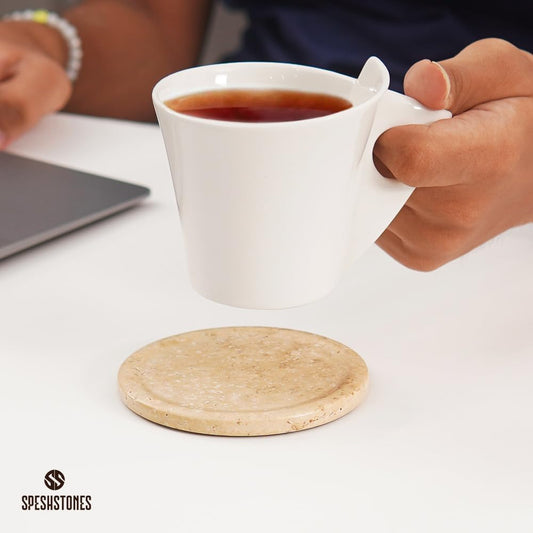 Travertine Coasters Set of 6 with Holder Round 3.5 Inch