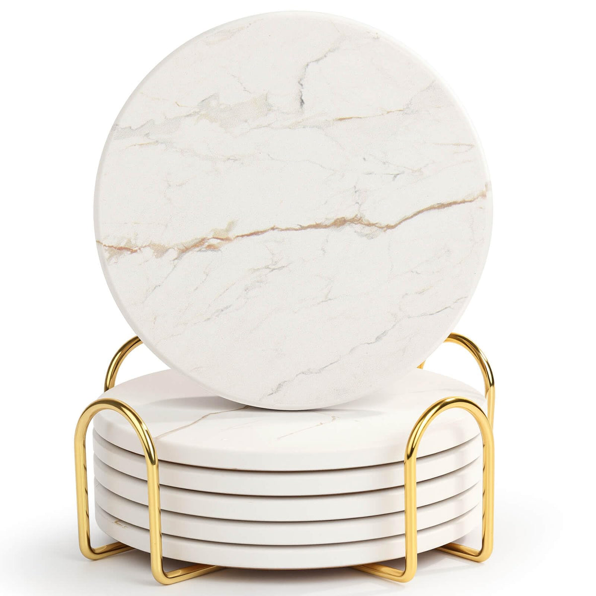 Acejoz Drink Coasters with Holder for Coffee Table, Absorbent Coasters Set of 6, Marble Style Ceramic Coaster for Wooden Table, Suitable for Kinds of Cups, Home Decor, 4 Inches(White)