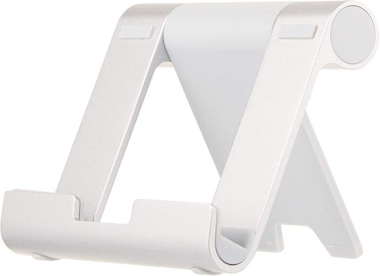 Amazon Basics Multi-Angle Portable Foldable Stand for Tablets, E-Readers and Phones, Non-Slip Desktop Holder for iPads, iPhones, Kindles, Hands-Free Viewing - Silver