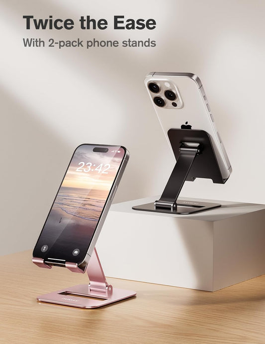 Nulaxy 2 Pcs Aluminum Dual Folding Cell Phone Stand for Desk Black&Rosegold