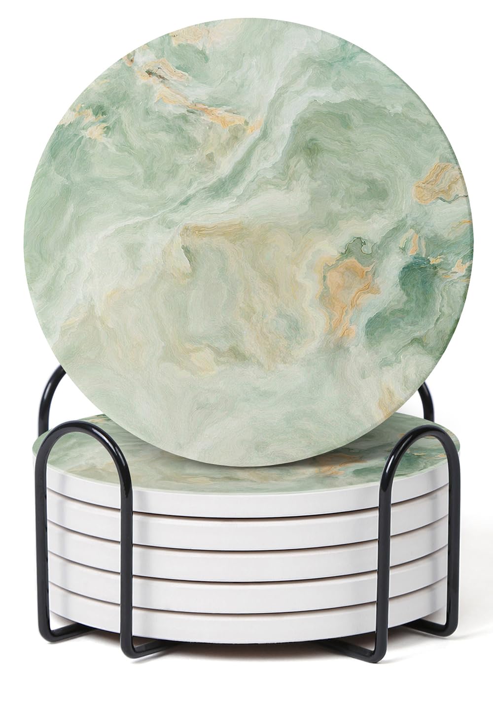 Set of 6 Abstract Blue Marble Coasters with Holder, Absorbent Ceramic Coasters for Drinks, Coasters with Cork Backing for Table Protection, Housewarming Gifts for New Home