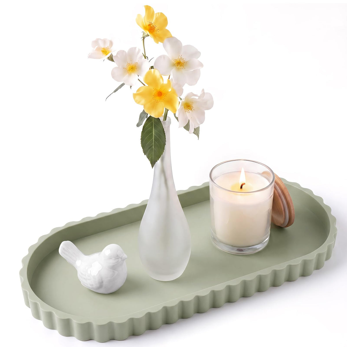 Silicone Bathroom Vanity Trays for Counter - 9.1 Inch Round Small Bathroom Tray with Scalloped Edge Vanity Organizer, Coffee Table Decor, Decorative Tray for Candle Key Skincare Perfume Storage, Beige