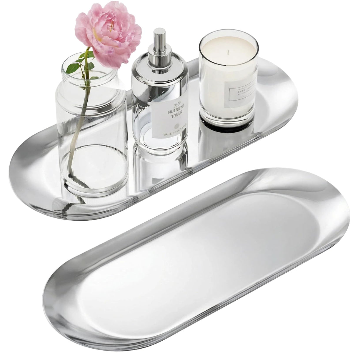 Gold Decorative Tray, 2 PCS Bathroom Vanity Tray for Dresser Counter, Elegant Jewelry Dish Tray for Decor, Gold Platter Serving Tray Organizer for Perfume Trinket Key Candle, Stainless Steel, Oval