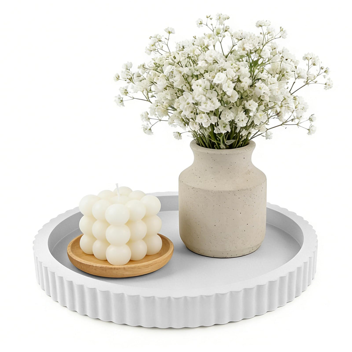 Modern Decorative Tray for Coffee Table, 11" Wooden Gray Beige Round Small Decor Tray for Candle, Perfume, Vanity, Kitchen Island Counter & Table Centerpiece