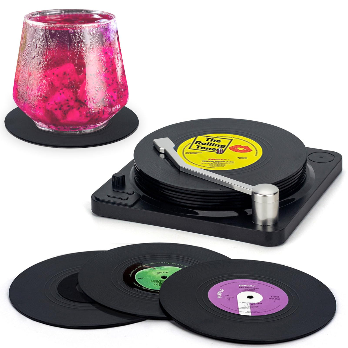Retro Vinyl Record Coasters with Player, Set of 6 Music Coasters for Drinks