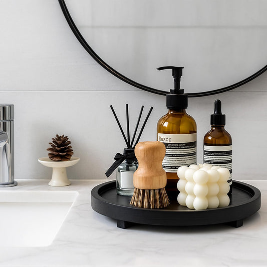 Black Round Decorative Wooden Tray for Bathroom Counter Table Trays Decor