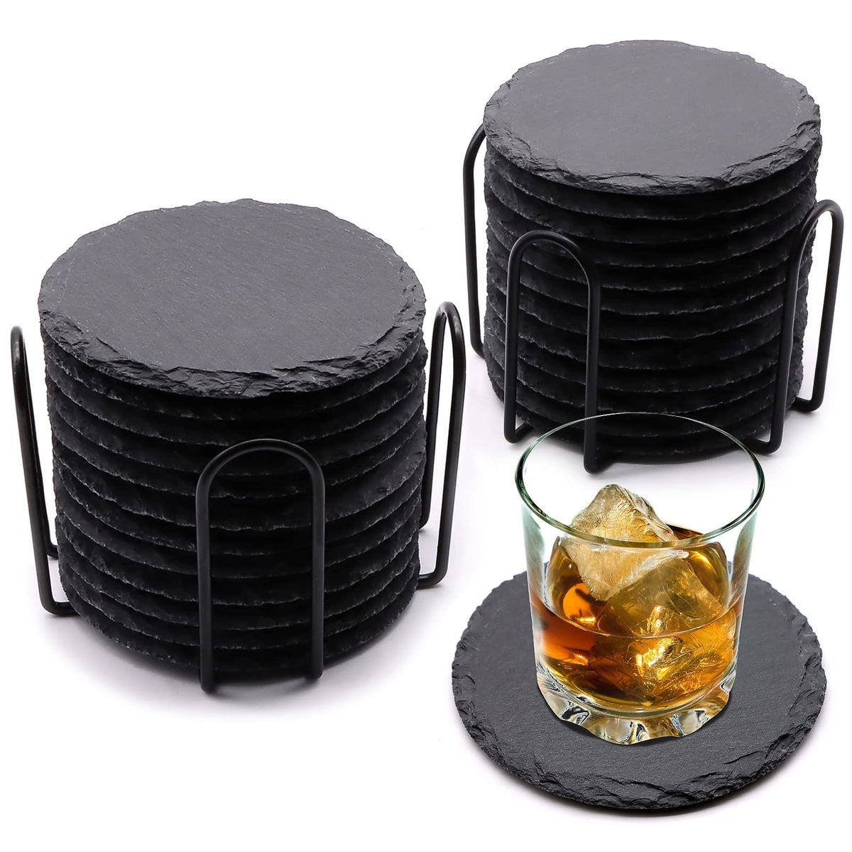 4 PCS Round Slate Drink Coasters Set, SIJDIEE 4 Inch Laser Engraving Black Slate Stone Coasters with Anti-Scratch Bottom and Coaster Holder for Office Bar Kitchen Home Dinner Table Decor Supplies