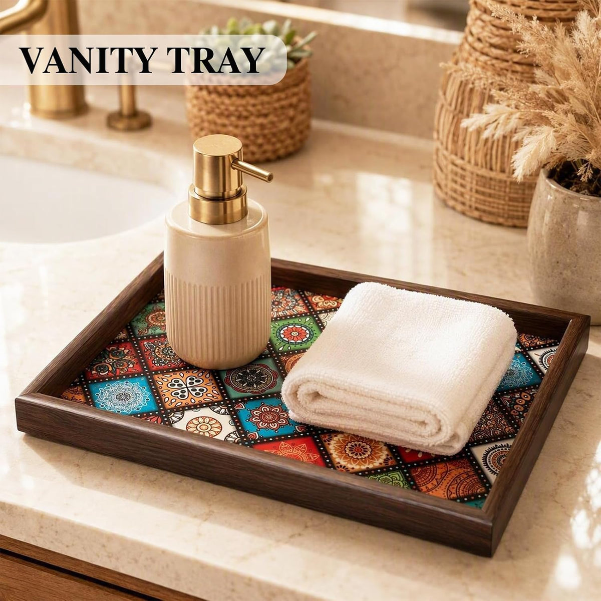 Decorative Wood Serving Tray with Boho Mandala Print, 11.8x7.87 Inch, for Coffee Table, Vanity, Nightstand, Countertophome, Centerpieces, Living Room Decor, Key Bowl, Valet Tray