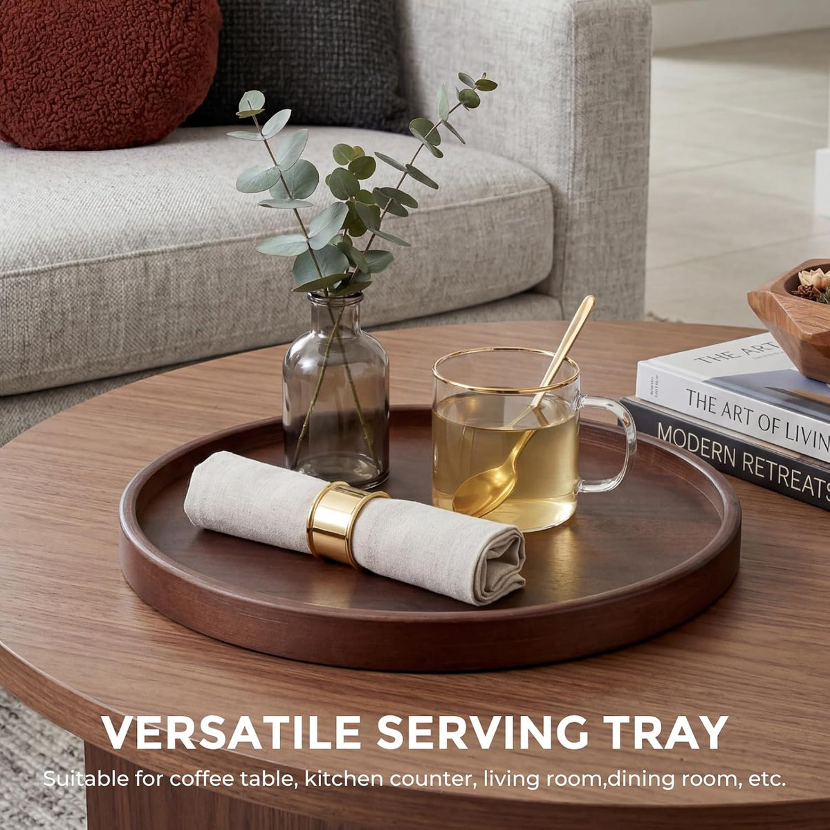 Round Bamboo Tray, 12 Inch Decorative Serving Tray with Walnut Finish Coffee Table Tray, Natural Bamboo Ottoman Tray for Vanity, Snacks, Vanity, Entryway & Home Decor