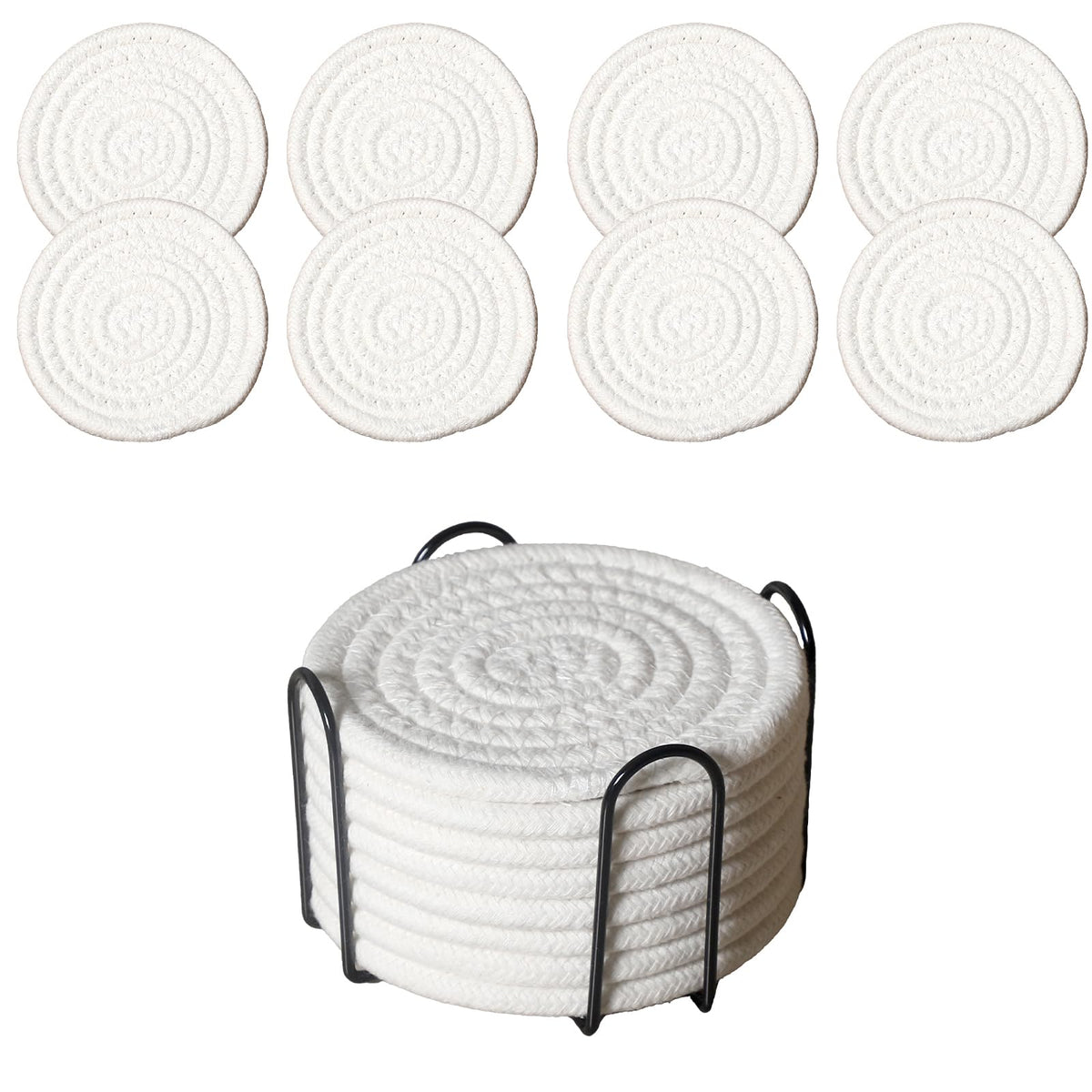 Drink Coasters Set of 8 with Holder, Cotton Woven