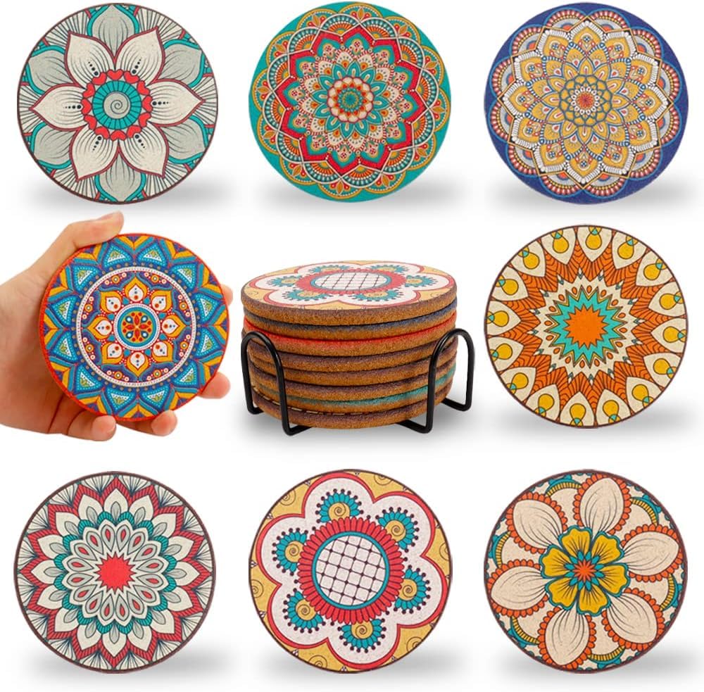 Cork Coasters Set of 8,Colorful Drink Coaster with Holder,4 Inch
