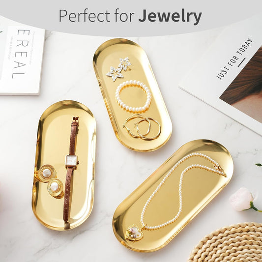 3 Pack Gold Trays for Decor, Stainless Steel Decorative Tray, Gold