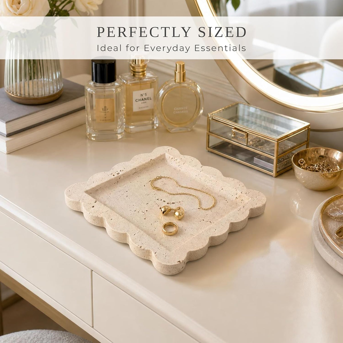 Decorative Scalloped Tray - Travertine Stone Inspired Jewelry Tray