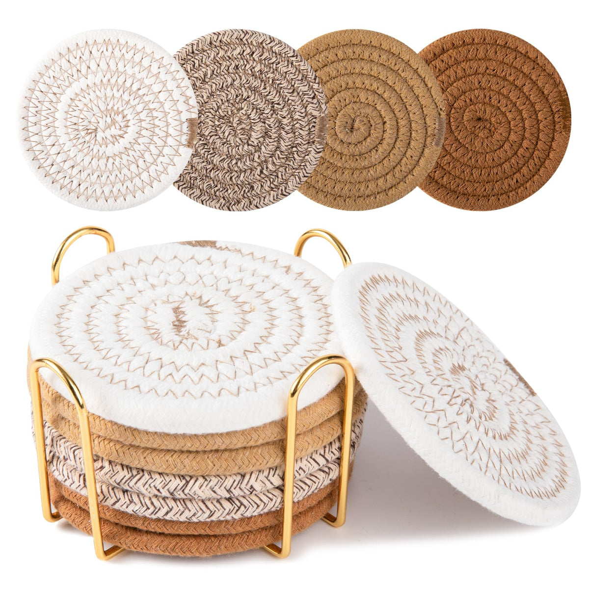 OIAHOMY 8 Pcs Coasters with Holder for Beer, Coffee, Woven Cotton Coaster Set for Table Decor for Kitchen, Bar, Dining Room, Living Room, Housewarming Gifts - Yellow