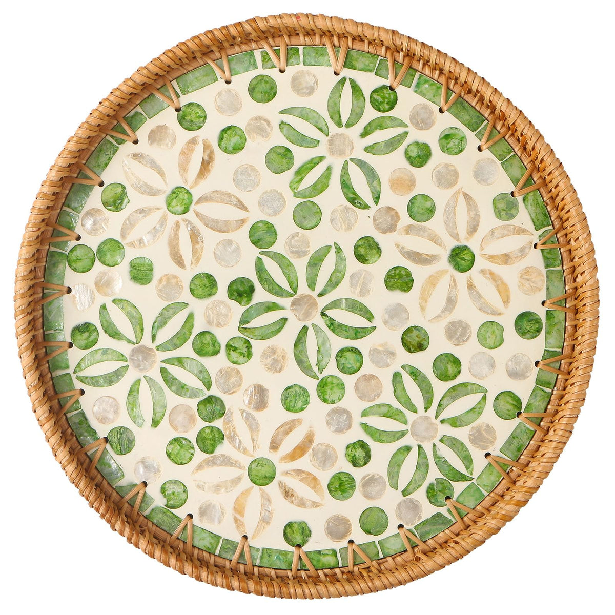 Round Rattan Tray with Mother of Pearl Inlay, Wooden Base