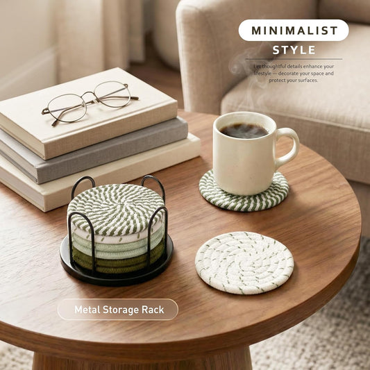 Lazebox Coasters Set of 8 for Drinks, 4 Inch Large Coasters for Coffee Table, Tabletop Protection for Hot & Cold Drinks, Versatile Coasters for Home Decor, Non-Slip & Easy to Clean, Olive Green