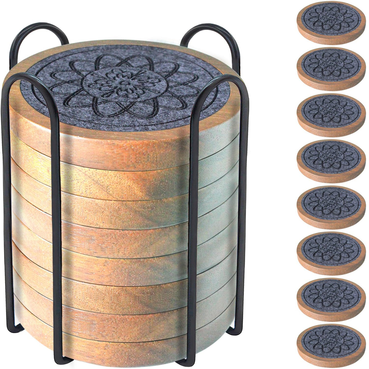 Wood Coasters for Drinks, Minacun Absorbent Coaster Sets of 5, Drinks Coasters for Coffee Tabletop Protection, Non-Slip, Non-Stick, Suitable for Kinds of Cups Wooden Table Drink, 4.3 Inches Black