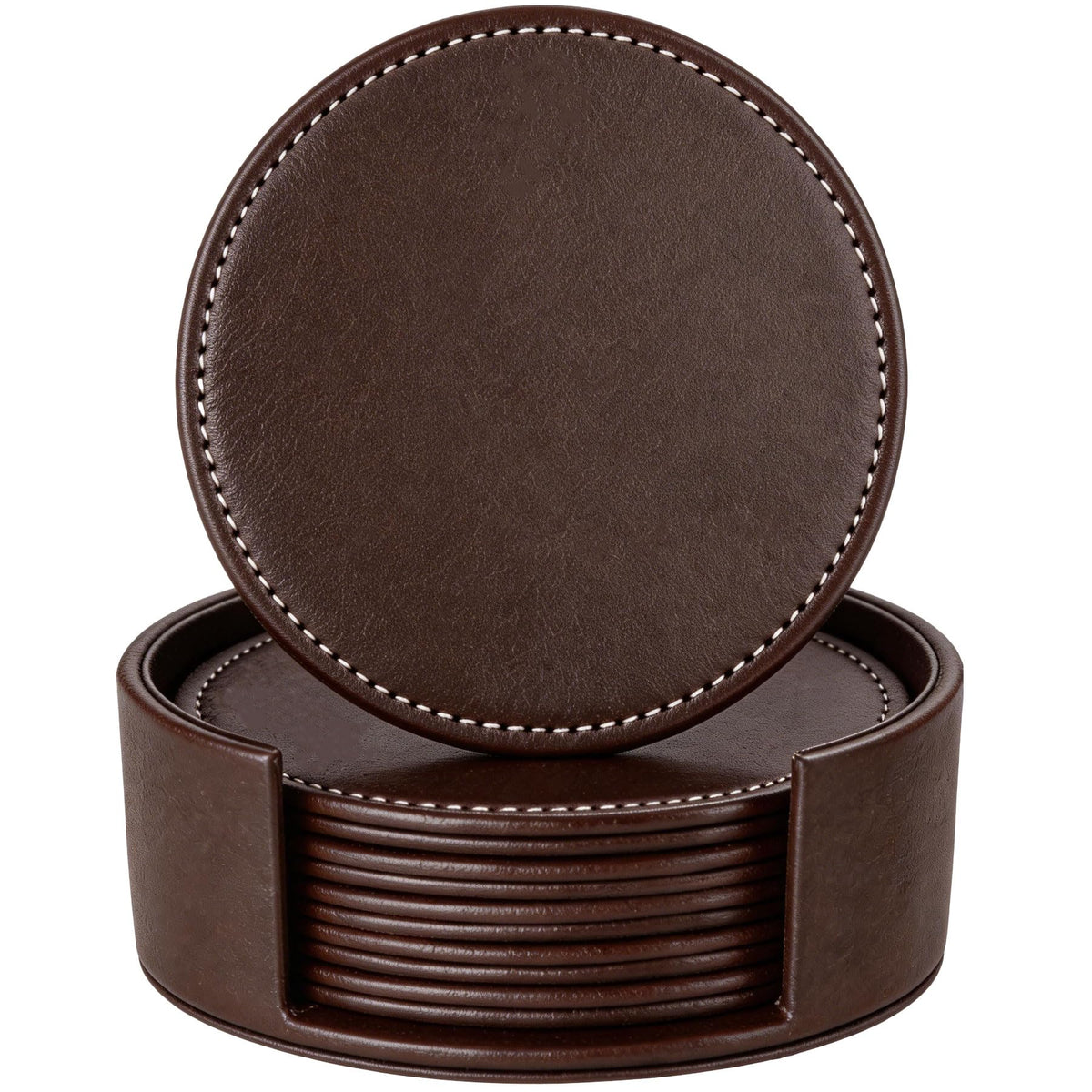 Set of 6 Round Leather Coasters for Drinks with Holder, 4" (Brown)