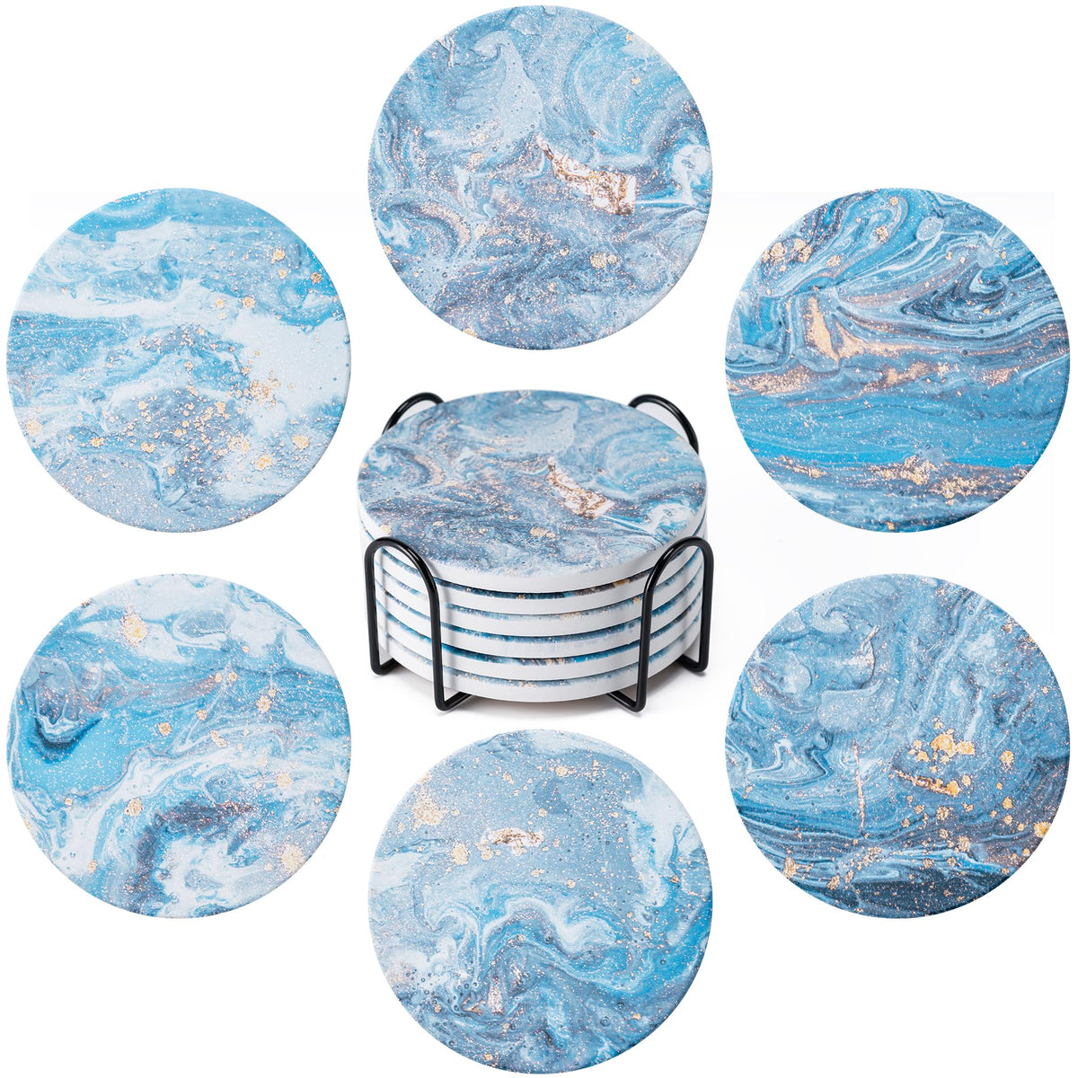 6Pcs Absorbent Coasters Set with Holder,Ceramic Drink Coaster,4 in(A1)