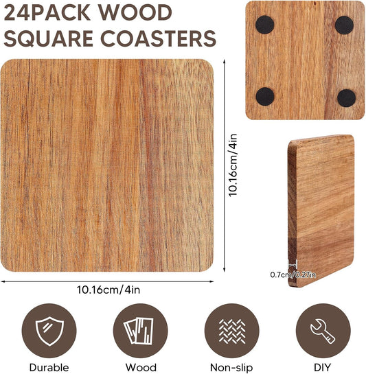 24 Pack Unfinished Acacia Wood Coasters, 4 Inch Square Blank Wooden Coasters for Laser Engraving, DIY Crafts, Painting & Drinks, with Non-Slip Pads