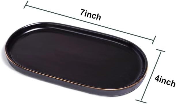 Ceramic Jewelry Dish, Perfume Vanity Tray, 7x4 Decorative Catch All Bowl for Trinket Key Ring, Small Bathroom Counter Tray, Soap Tray for Kitchen Sink (Black)
