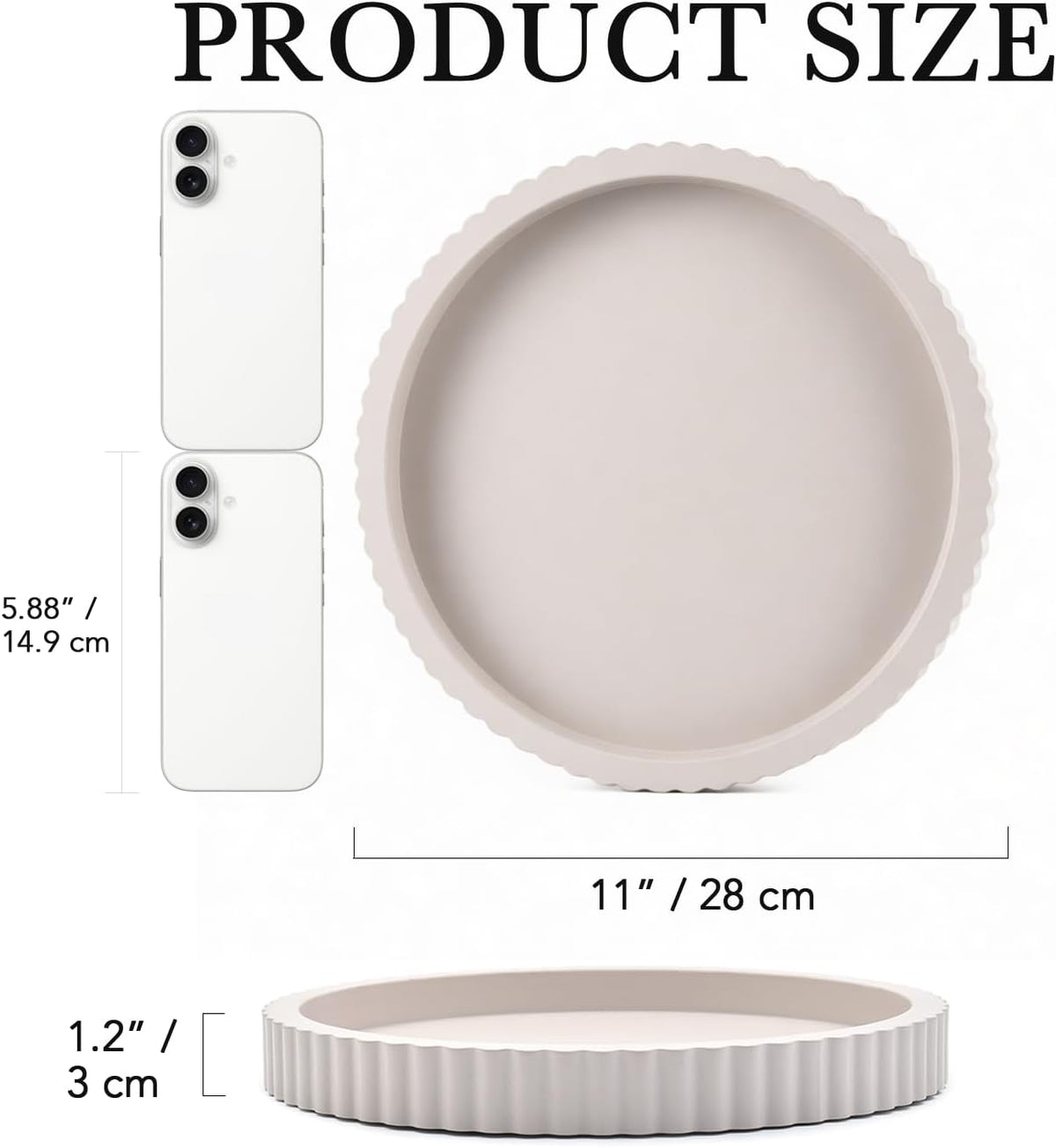 Modern Decorative Tray for Coffee Table, 11" Wooden Gray Beige Round Small Decor Tray for Candle, Perfume, Vanity, Kitchen Island Counter & Table Centerpiece