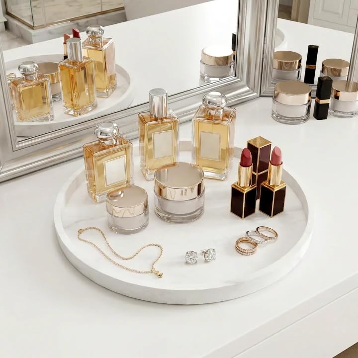 Round Beige Silicone Decorative Bathroom Vanity Tray 9 Inch, Counter Tray for Bathroom Countertop Perfume Holder Dresser Organizer Coffee Table Candle, Non-Slip Durable for Home Use