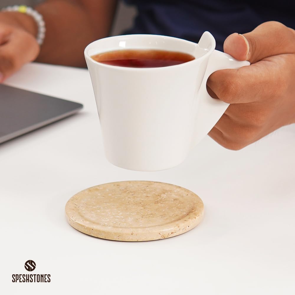 Travertine Coasters Set of 6 with Holder Round 3.5 Inch