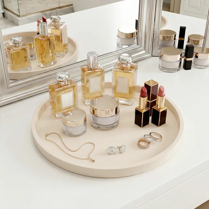 Round Beige Silicone Decorative Bathroom Vanity Tray 9 Inch, Counter Tray for Bathroom Countertop Perfume Holder Dresser Organizer Coffee Table Candle, Non-Slip Durable for Home Use