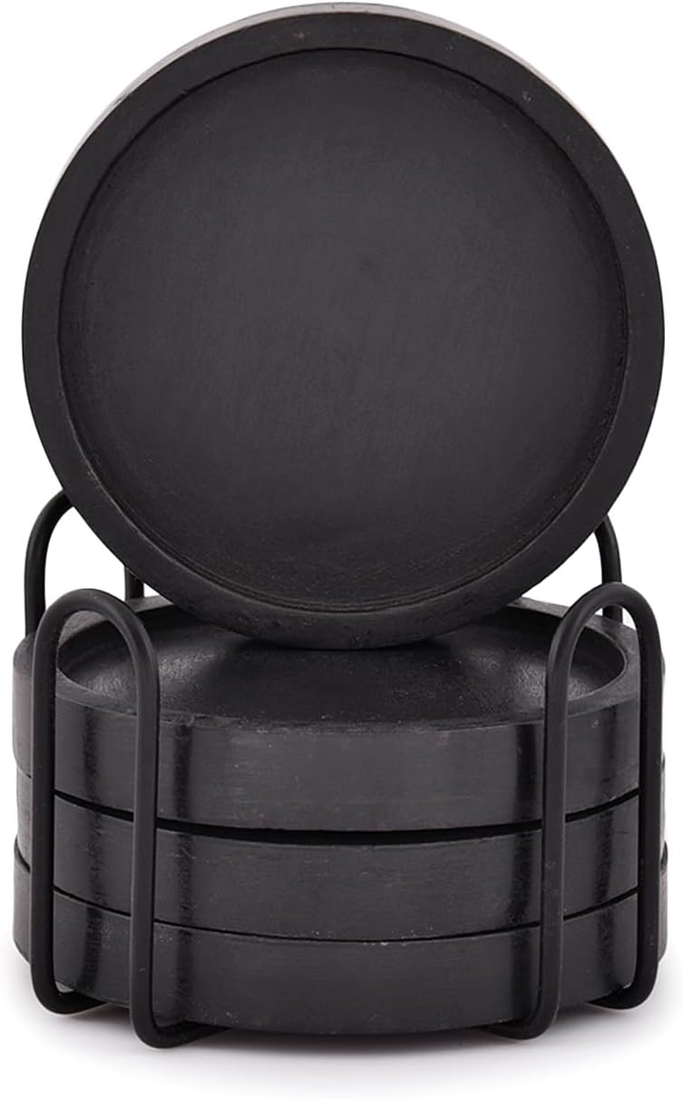 NIRMAN Wooden Coasters for Drinks Coffee Table, Round Drink Coasters with Holder for Tabletop Protection, Set of 4 (4" x 4" x 0.5") (Black)