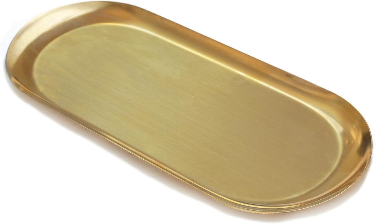 12inch Large Decorative Tray, Thicken Stainless Steel Bathroom Vanity Tray for Dresser Counter, Oval Jewelry Perfume Cosmetics Trays Organizer (Gold)