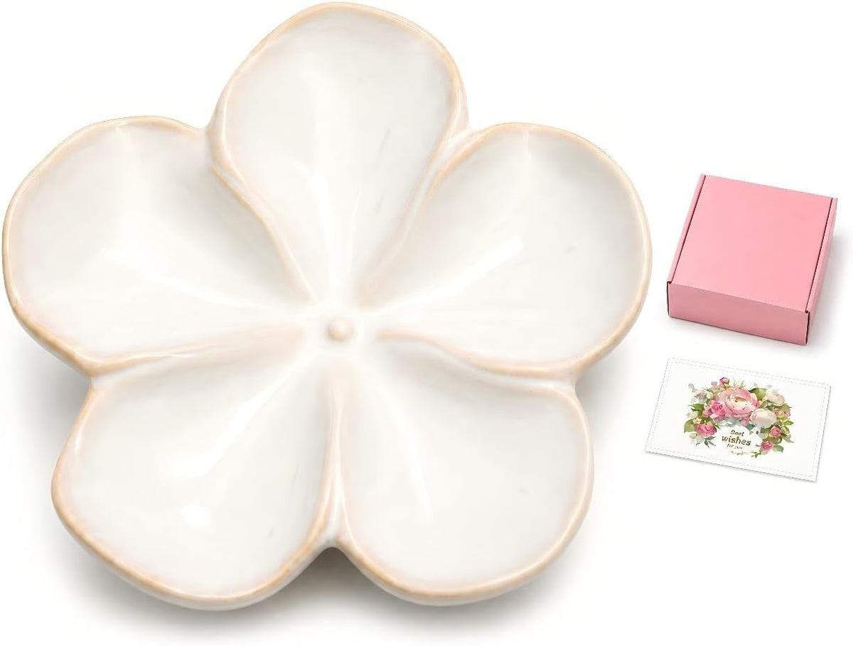 Ceramic Flower Jewelry Ring Trinket Dish Tray, Gifts for Women, White