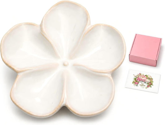 Ceramic Flower Jewelry Ring Trinket Dish Tray, Gifts for Women, White