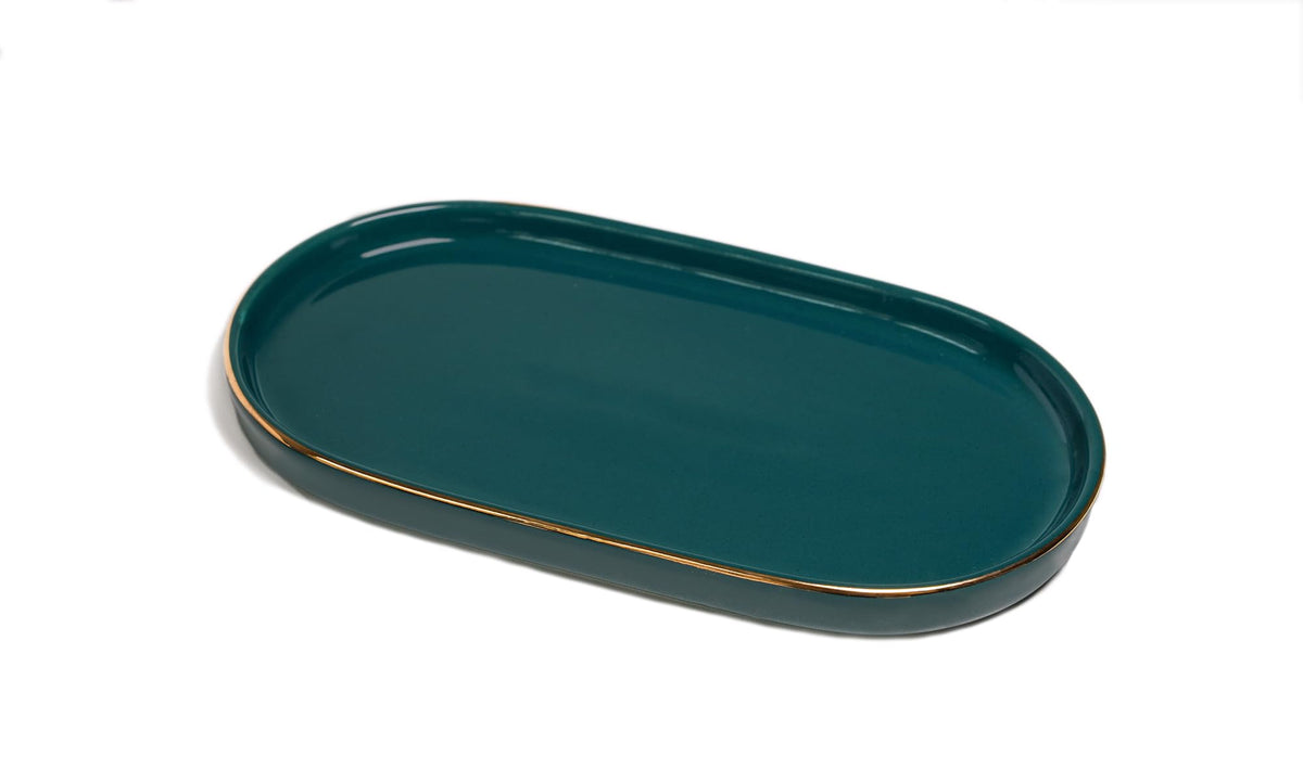Ceramic Jewelry Dish, Perfume Vanity Tray, 7x4 Decorative Catch All Bowl for Trinket Key Ring, Small Bathroom Counter Tray, Soap Tray for Kitchen Sink (Black)