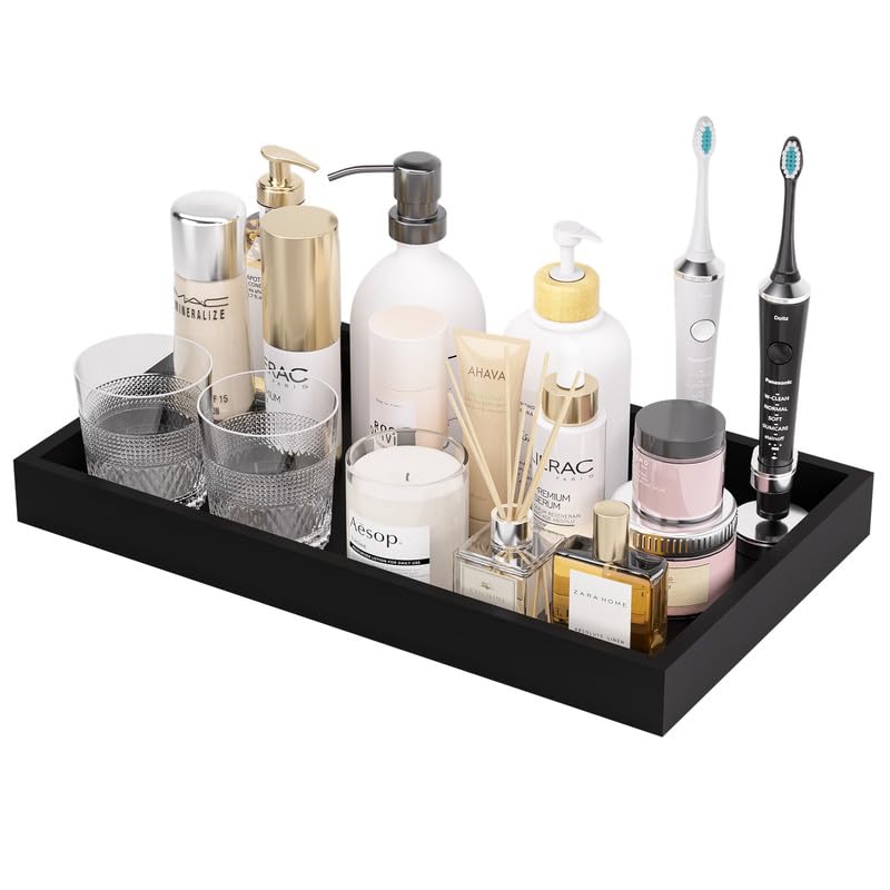 ZHWS Small Bathroom Vanity Tray for Countertop Makeup Perfume Decor Candle Jewelry, Small Kitchen Tray for Soap Dispenser Spice Sponge Holder Black Toilet Tray 7.9”L x 4.4”W x 1.14”H