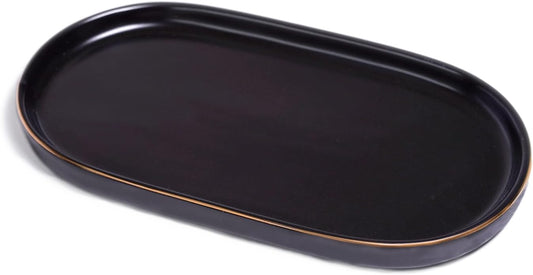 Ceramic Jewelry Dish, Perfume Vanity Tray, 7x4 Decorative Catch All Bowl for Trinket Key Ring, Small Bathroom Counter Tray, Soap Tray for Kitchen Sink (Black)