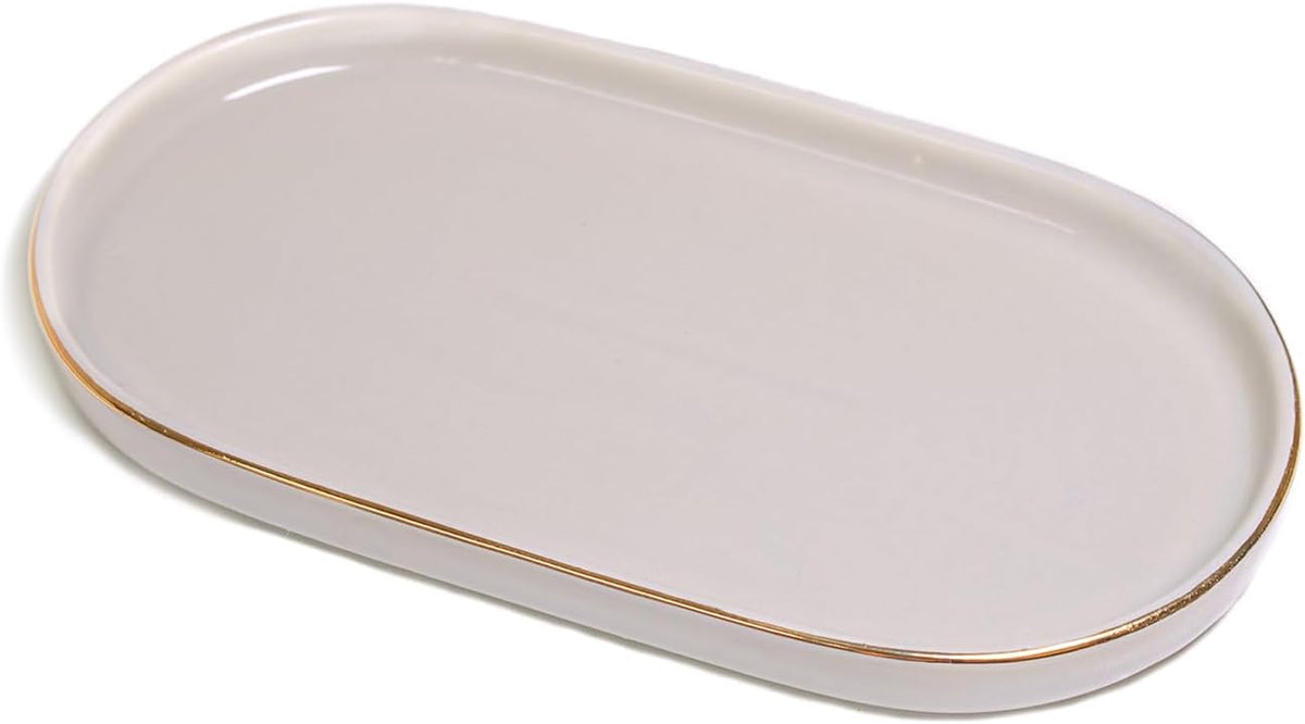 Ceramic Jewelry Dish, Perfume Vanity Tray, 7x4 Decorative Catch All Bowl for Trinket Key Ring, Small Bathroom Counter Tray, Soap Tray for Kitchen Sink (Black)
