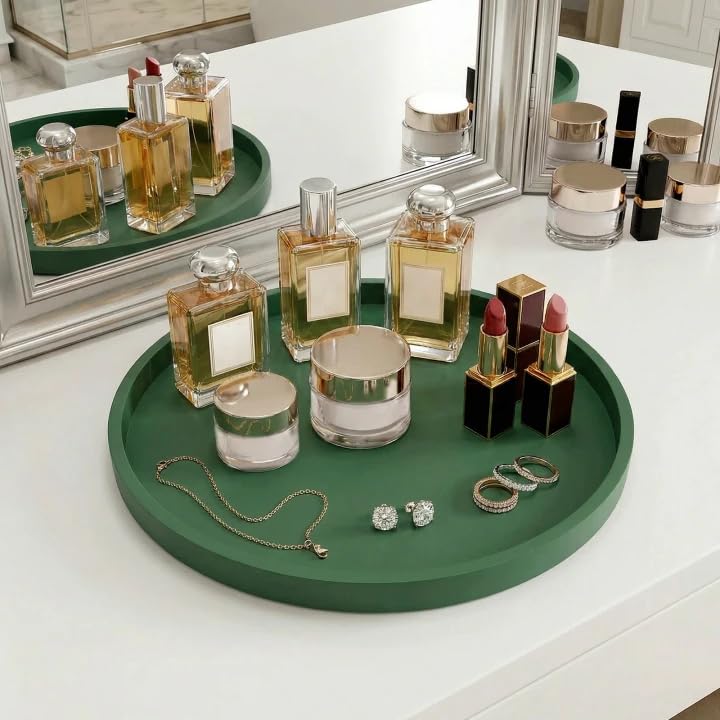 Round Beige Silicone Decorative Bathroom Vanity Tray 9 Inch, Counter Tray for Bathroom Countertop Perfume Holder Dresser Organizer Coffee Table Candle, Non-Slip Durable for Home Use