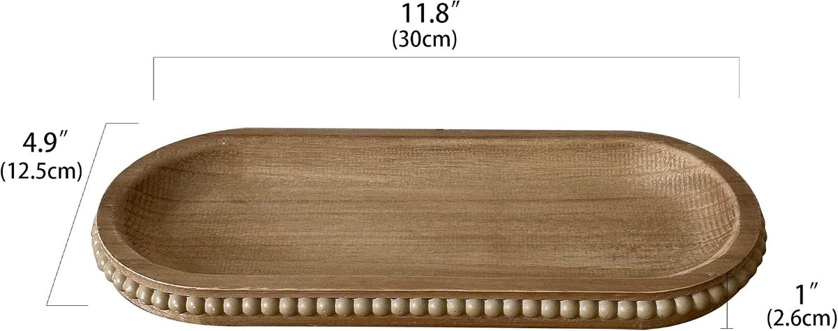 dwellington Wooden Farmhouse Decorative Tray, 11.8in Rustic Beaded Tray for Living Room Decor, Kitchen Table Décor, Oval Coffee Table Serving Tray (Natural)