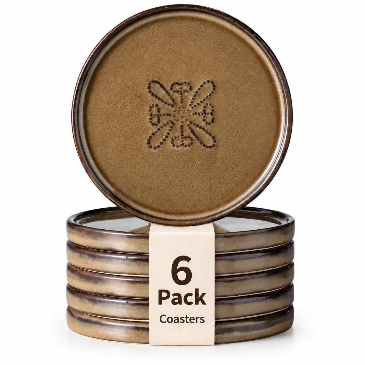 Ceramic Coasters Set of 6, Drink Coasters Coffee Table Decor, Brown
