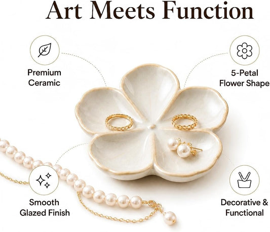 Ceramic Flower Jewelry Ring Trinket Dish Tray, Gifts for Women, White