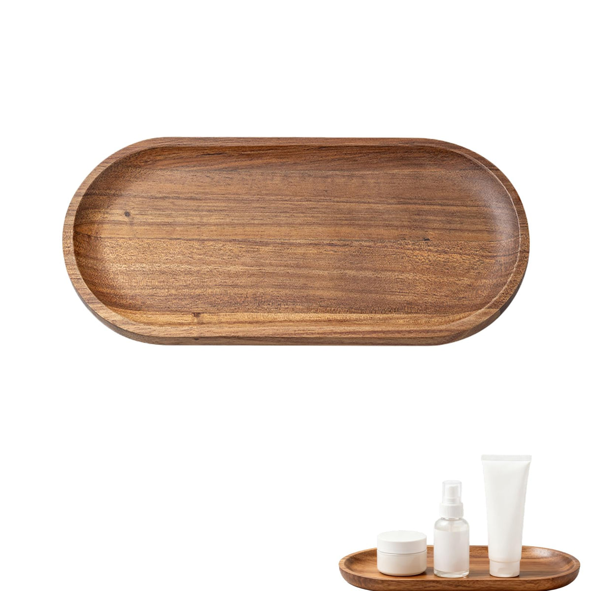 Small Wooden Tray, Oval Wood Serving Trays, Acacia Wood Platter for Coffee Tables, Dessert, Snack, Fruit, Bathroom Tray Charcuterie Board for Home Decor (S)