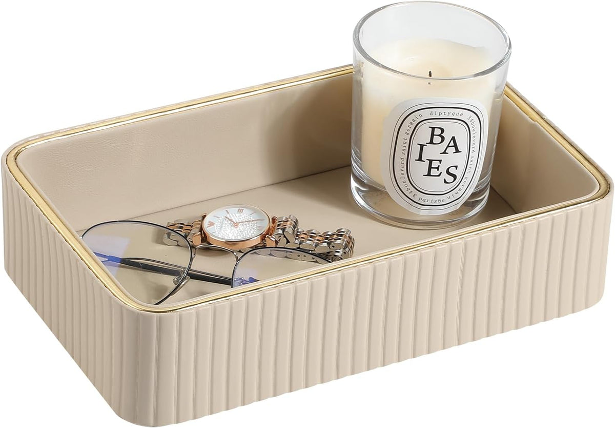 Desk Organizer Tray, PU Leather Nightstand Organizer, Beige, Small