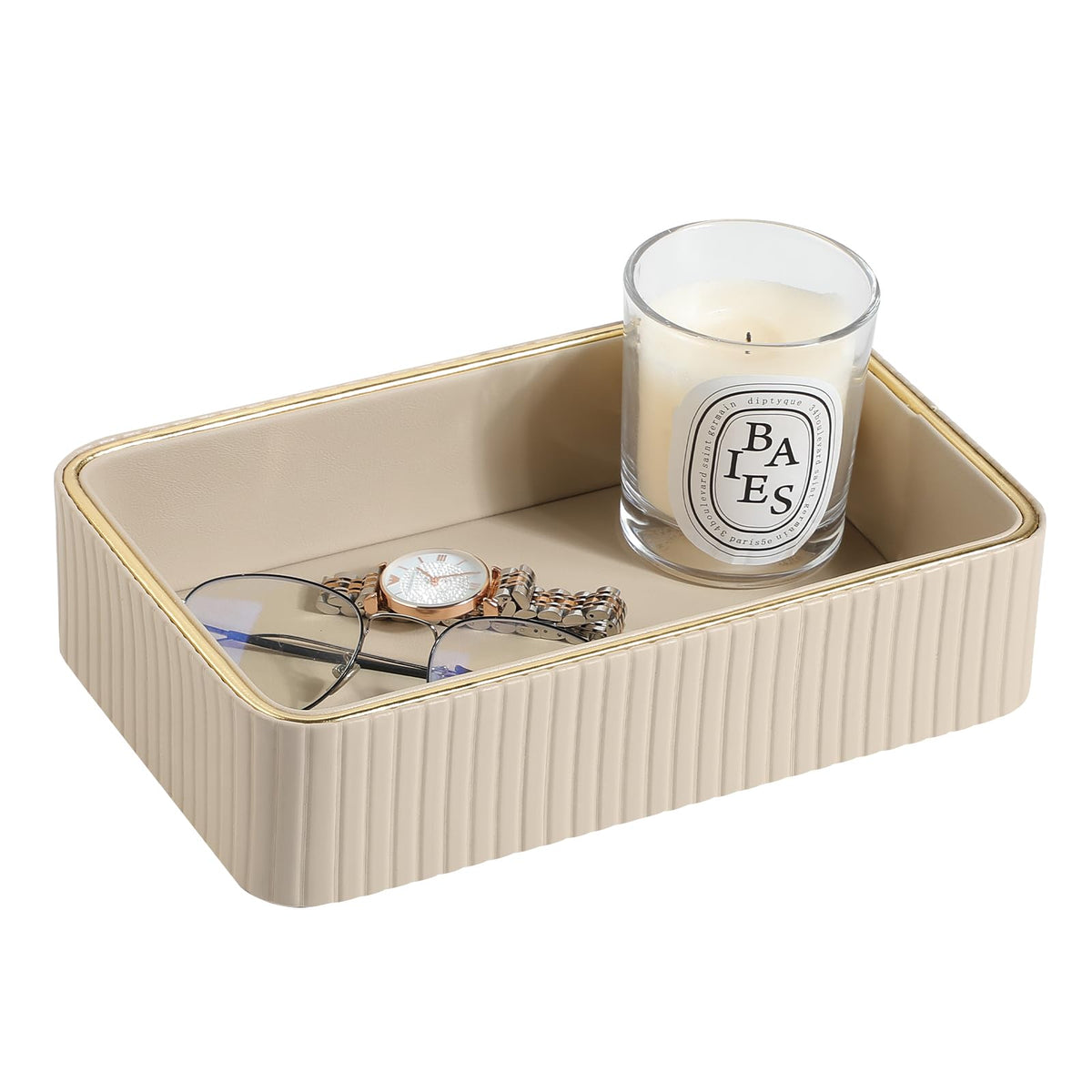 Desk Organizer Tray, PU Leather Nightstand Organizer, Beige, Small