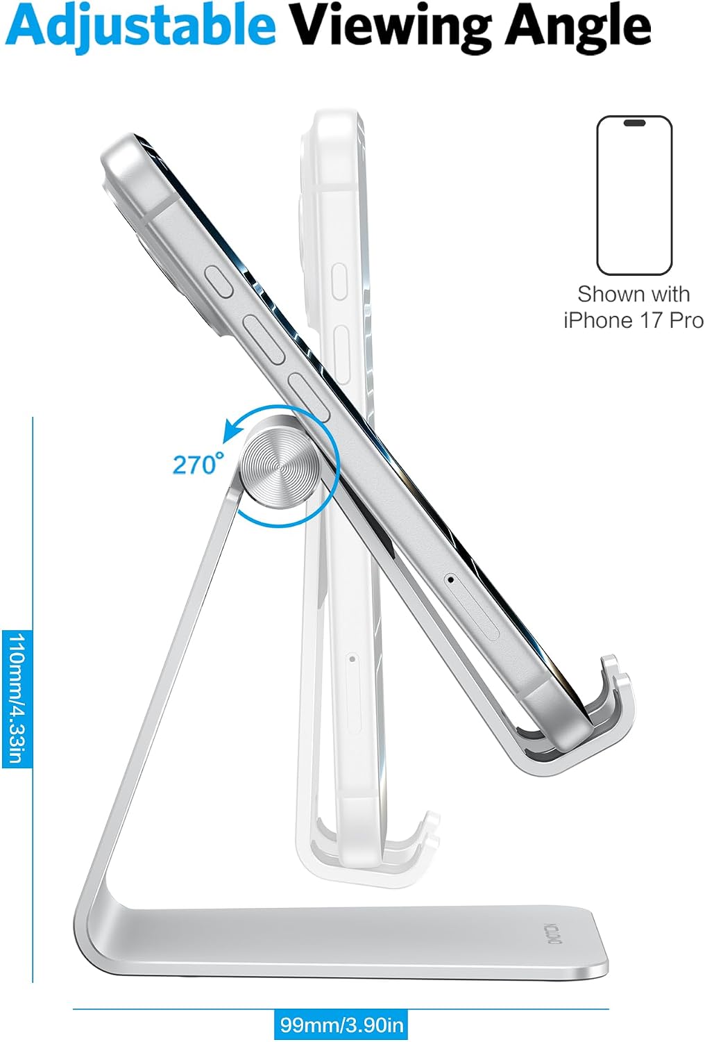 OMOTON C2 Adjustable Aluminum Cell Phone Stand with Charging Cutout, Silver