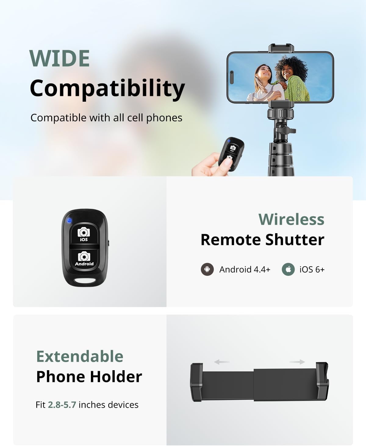 SENSYNE 62" Phone Tripod, Extendable Selfie Stick with Wireless Remote