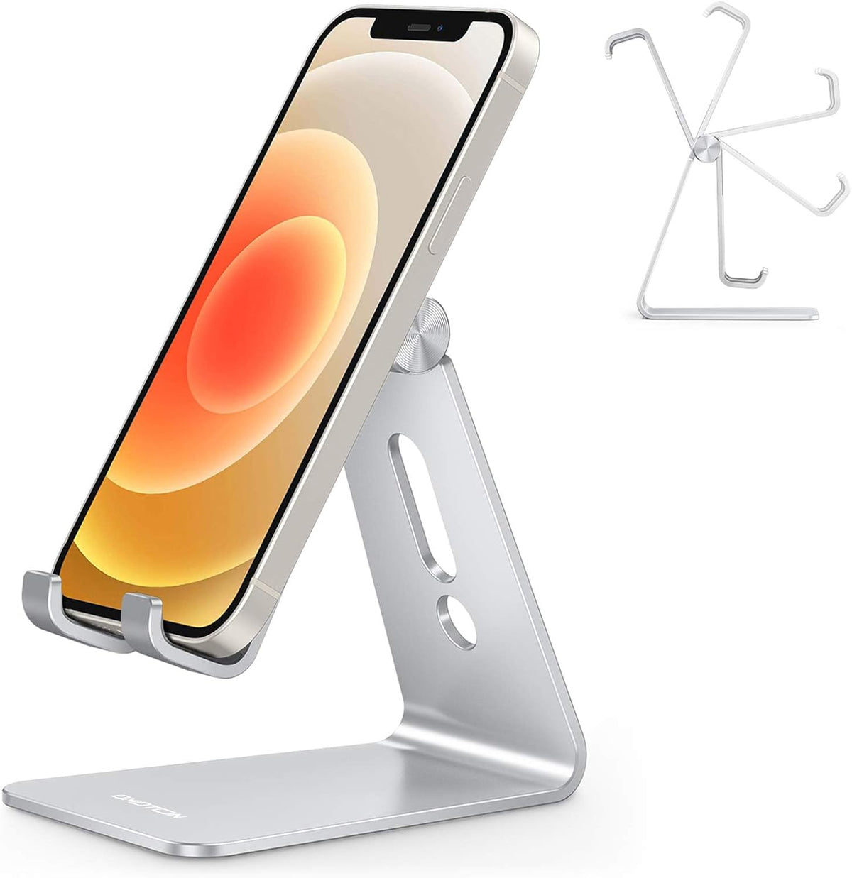 OMOTON C2 Adjustable Aluminum Cell Phone Stand with Charging Cutout, Silver