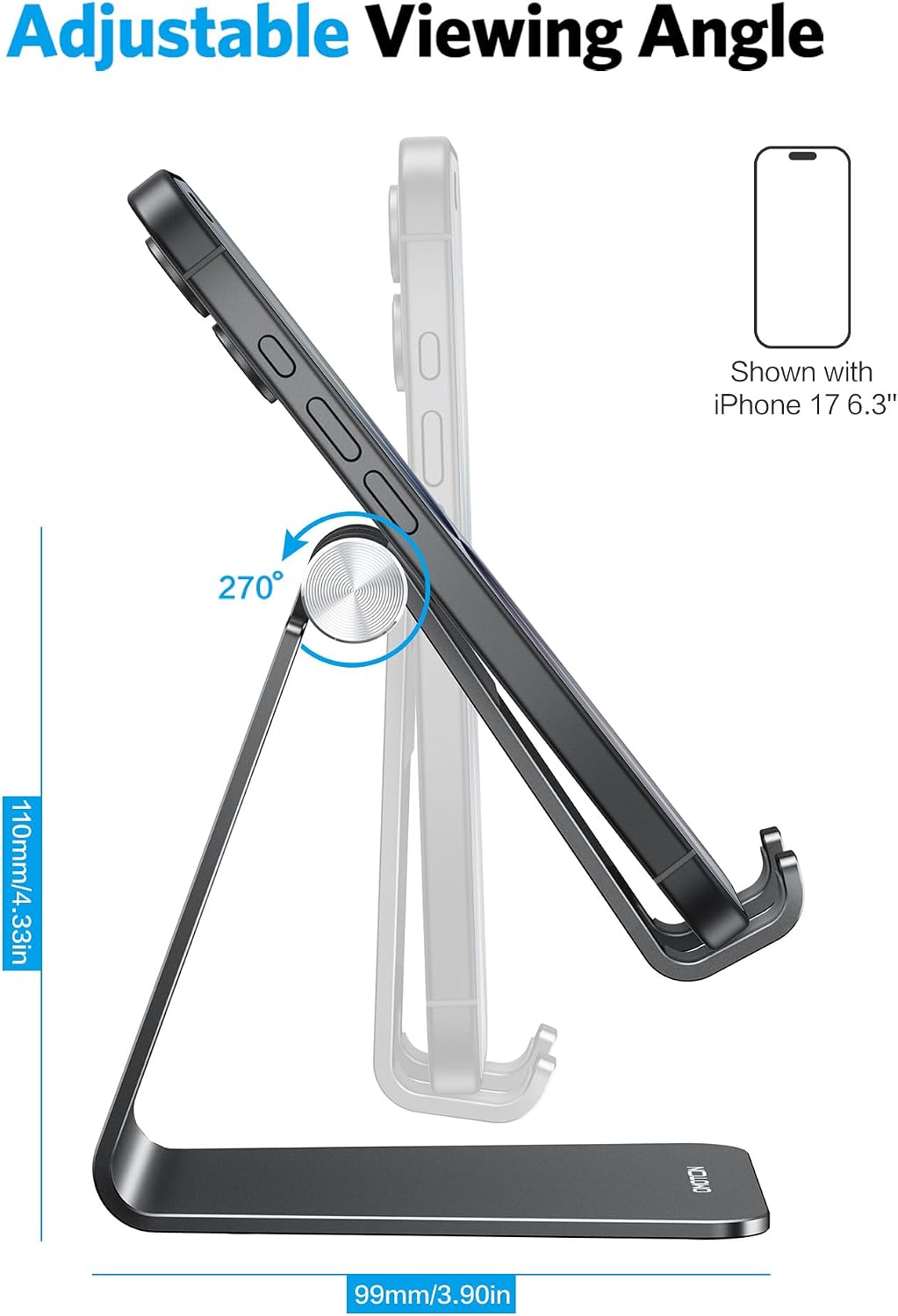 OMOTON C2 Adjustable Aluminum Cell Phone Stand with Charging Cutout, Black