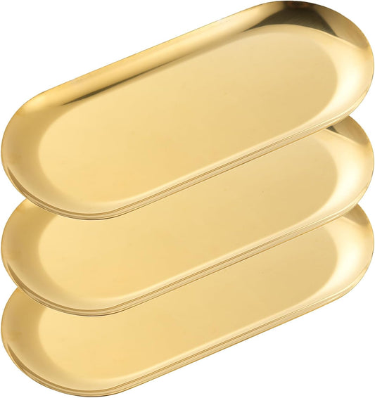 3 Pack Gold Trays for Decor, Stainless Steel Decorative Tray, Gold