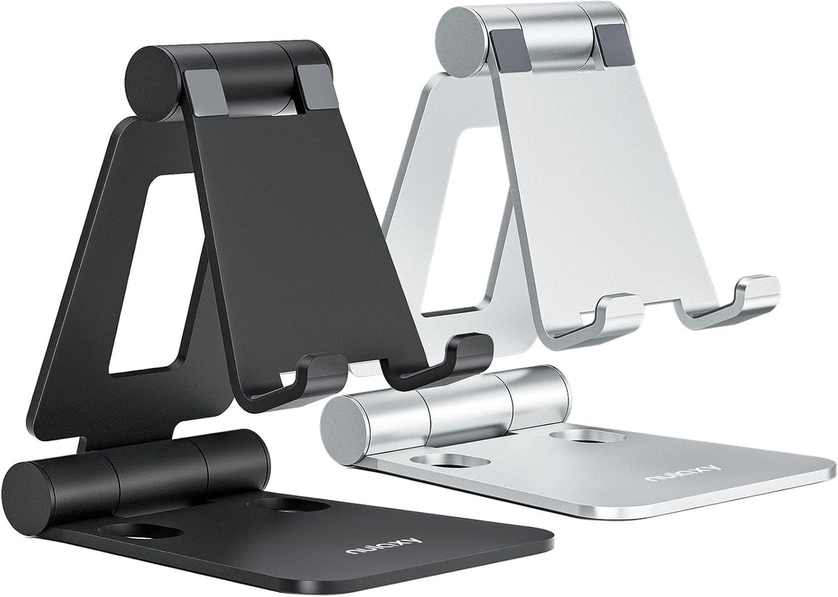 Nulaxy 2 Pack Aluminum Dual Folding Cell Phone Stand for Desk, Black&Silver